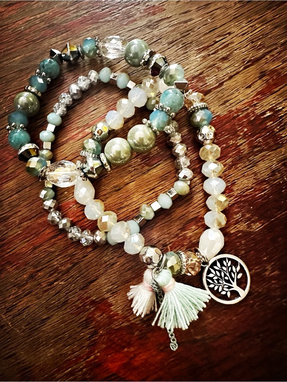 Light Blue Crystal Tree Charm Bracelet Trio